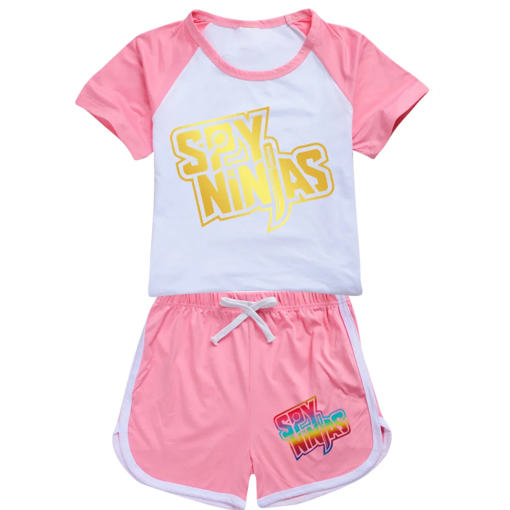 

Летний детский пижамный комплект с коротким рукавом, одежда шпиона ниндзя, Повседневная хлопковая Футболка с принтом для мальчиков и девочек + штаны, спортивная одежда