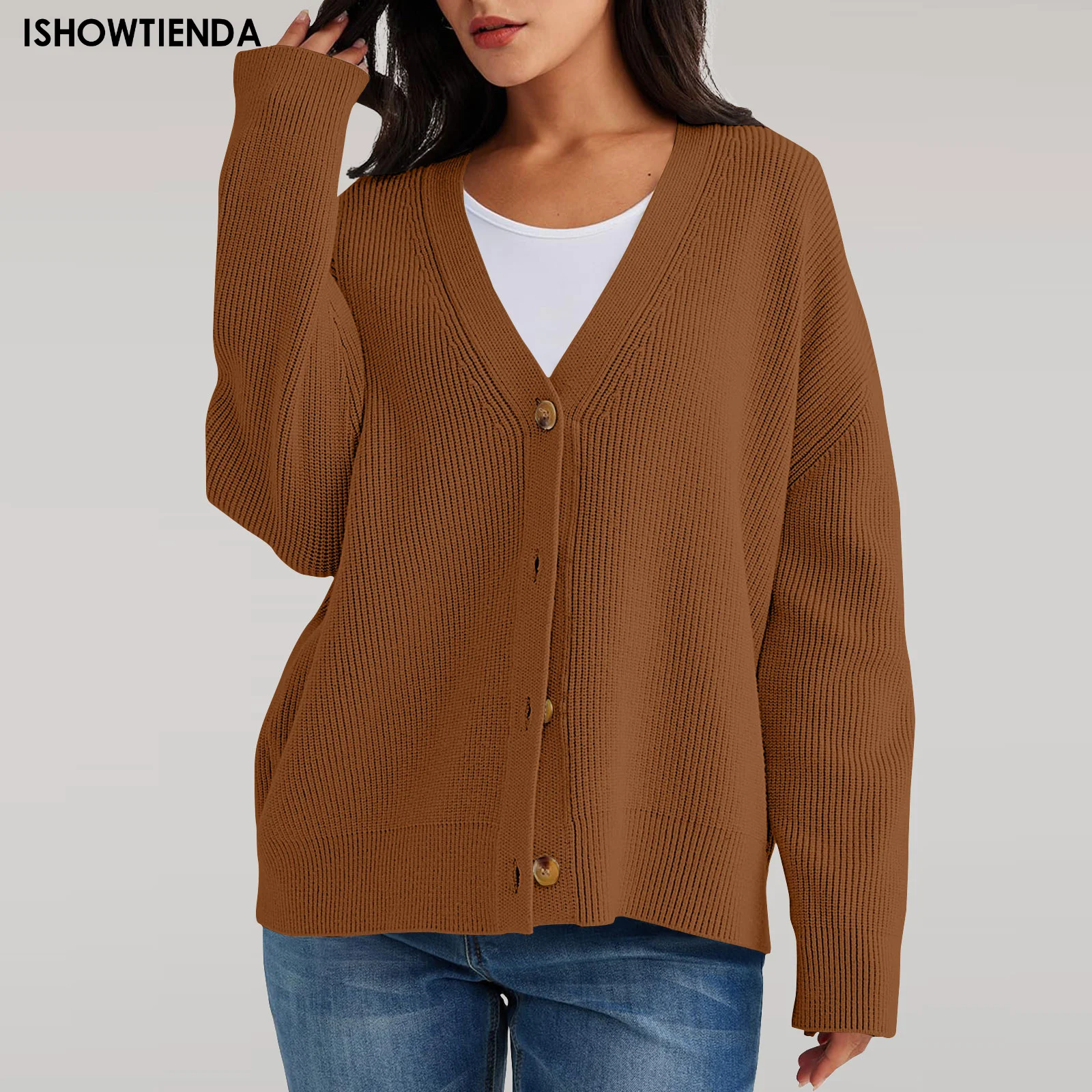 

Женский вязаный однобортный Кардиган, свободный свитер на пуговицах с длинным рукавом, Осень-зима