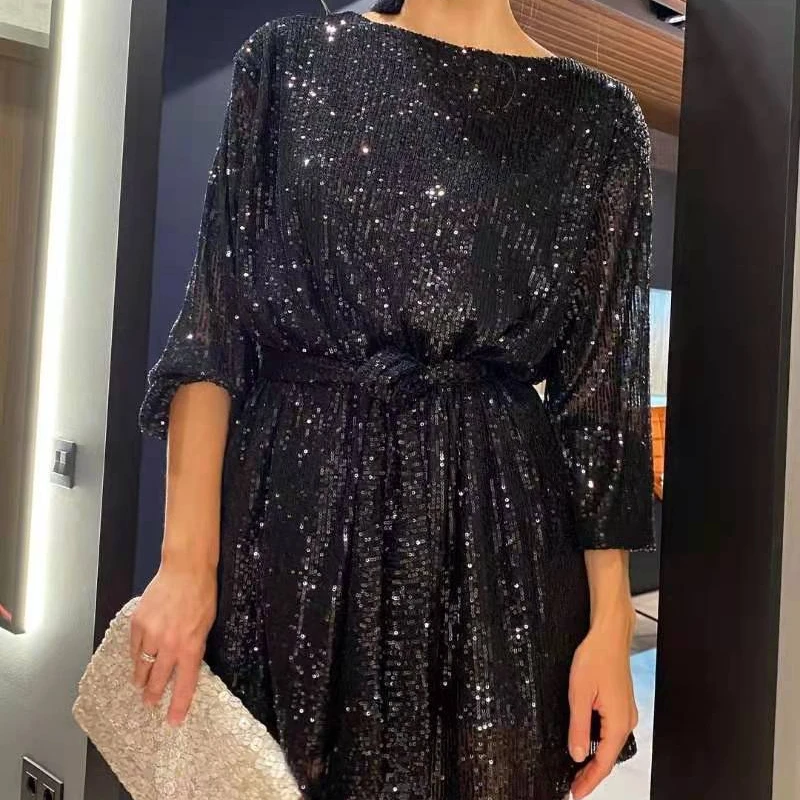 

Вечерние платья для женщин, однотонное платье с круглым вырезом и рукавом три четверти, украшенное бусинами, маленькое платье, платье на день рождения для женщин, Vestidos De Mujer