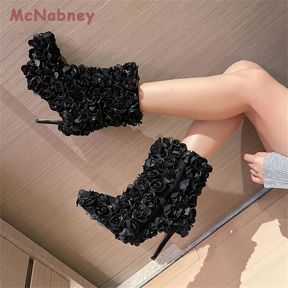 New Style Sexy High Heels Ankle Boots Women Stiletto Boots Autumn Winter Wedding Shoes Red Rose Flower Female Pointed Toe Boots
