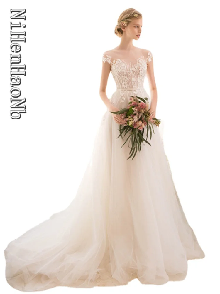 

Elegant O Neck Wedding Dresses New Fashion Sweet Vestido De Noiva Bridal gown