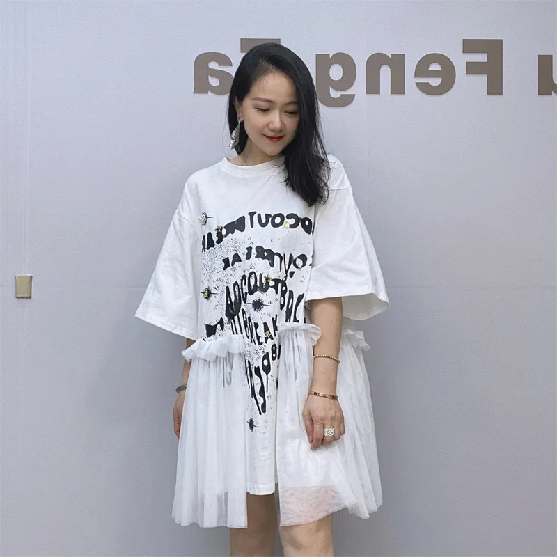 

Women Short Sleeved T-shirt For Women Summer Lace Patchwork T-shirt Medium Length Flesh Covering Dress Women Top For Women