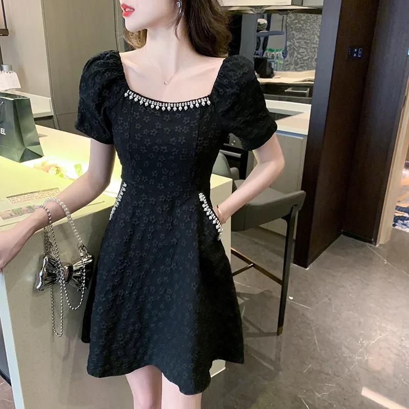 2023 Summer New Elegant Slim Fashion Square Collar French Style Heavy Embroidered Rhinestone Pocket Petite Stylish Dress For Wom