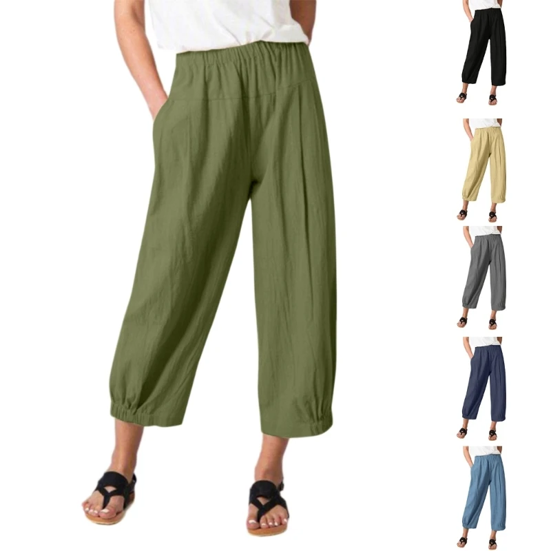 

50JB Loose Casual-Capri Pants for Women Solod Color High Waisted Cropped Pants Wide Leg Yoga Pants with Pockets Streetwear