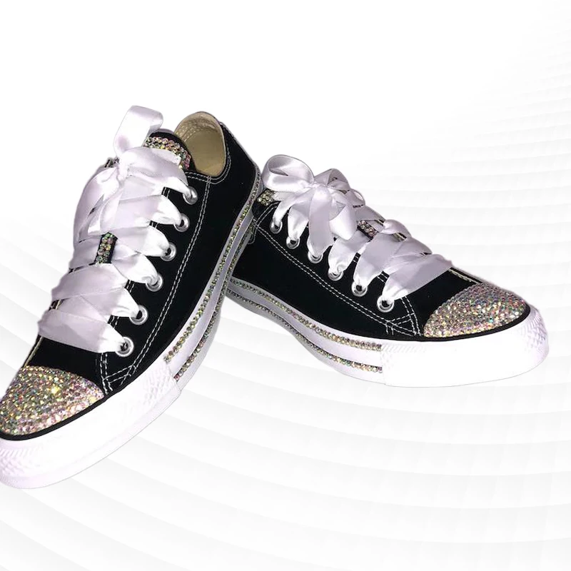 

White Ribbon Low-Top Canvas Shoes Comfortable Street Shooting Walking Handmade Rhinestone Neutral Vulcanized Shoes 35-46