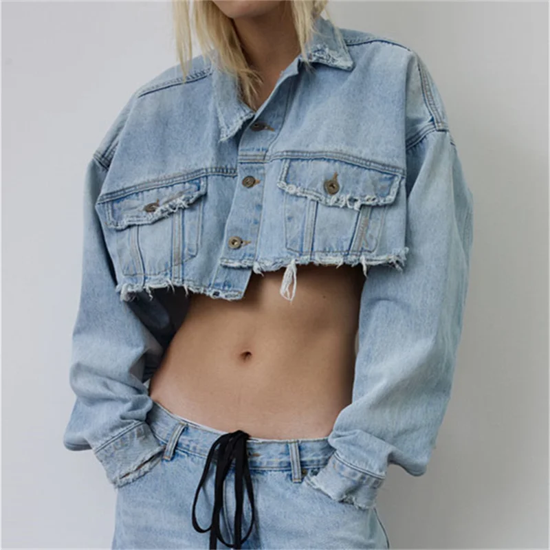 

Women's Denim Jacket 2023 Summer Trends Korean Fashion Navel Exposed Short Coat y 2k Vintage Washed Cotton Long Sleeved Top traf