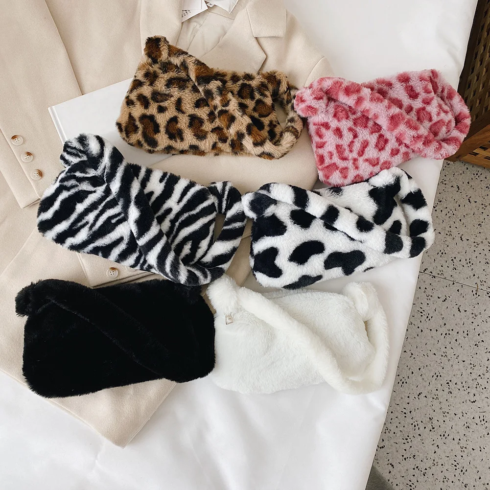 

Модные женские мини-сумки на плечо с коровьим принтом, женские зимние плюшевые сумки для подмышек, леопардовая зебра, пушистые сумки-тоут, маленькие кошельки