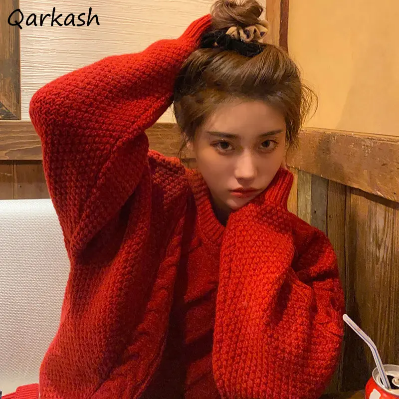 

Pullovers Women Baggy O-neck Sweaters Pull Femme Red Knitting Thicken Vintage Sweet Korean Fashion Preppy Streetwear Designer BF