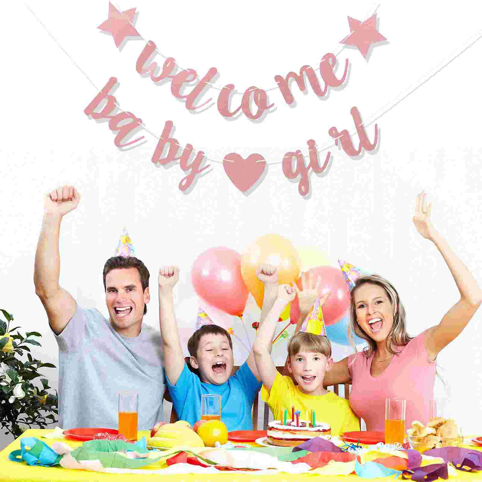 

Baby Banner Shower Welcome Party Girl Hanging Birthday Gender Reveal Bunting Garland Flag Decoration Star Heart Decor Glitter