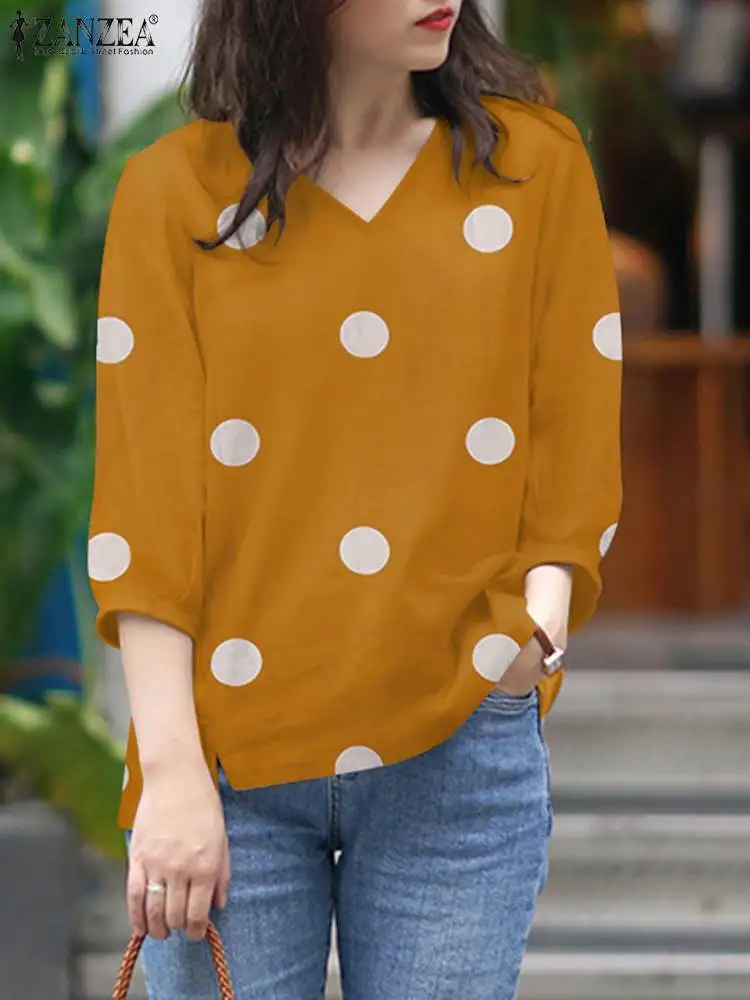 

Fashion Polka Dots Printed Blouse 2023 ZANZEA Bohemian Summer V-Neck Short Sleeve Tops Casual Shirt Female Holiday Beach Chemise