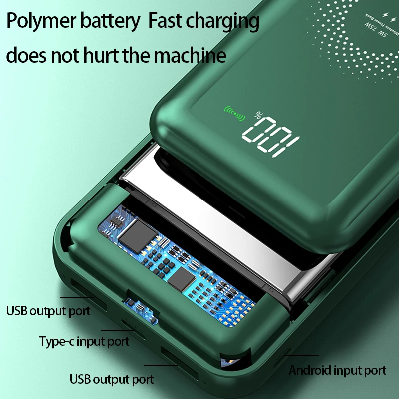 Wireless Fast Charging Power Bank Portable 30000mAh Charger Digital Display External Battery Built-in 4 cables for iPhone Xiaomi