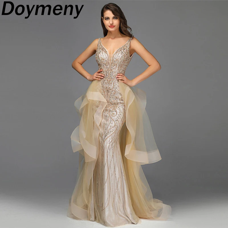

Doymeny Women’s Sparkle Beaded Prom Dresses V-neck Mermaid Cocktail Dress Ruffle Spaghetti Straps Formal Evening Party Gowns