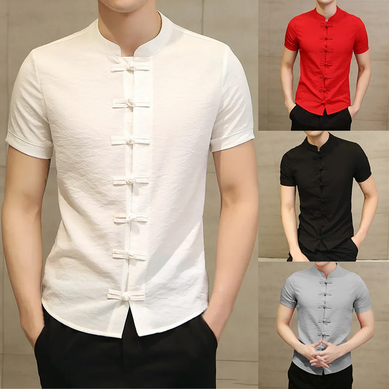 

Hot Selling Men Tops Solid Color Crew Neck Slim Fit Short Sleeve Chiense Styled Button Down Casual Shirt