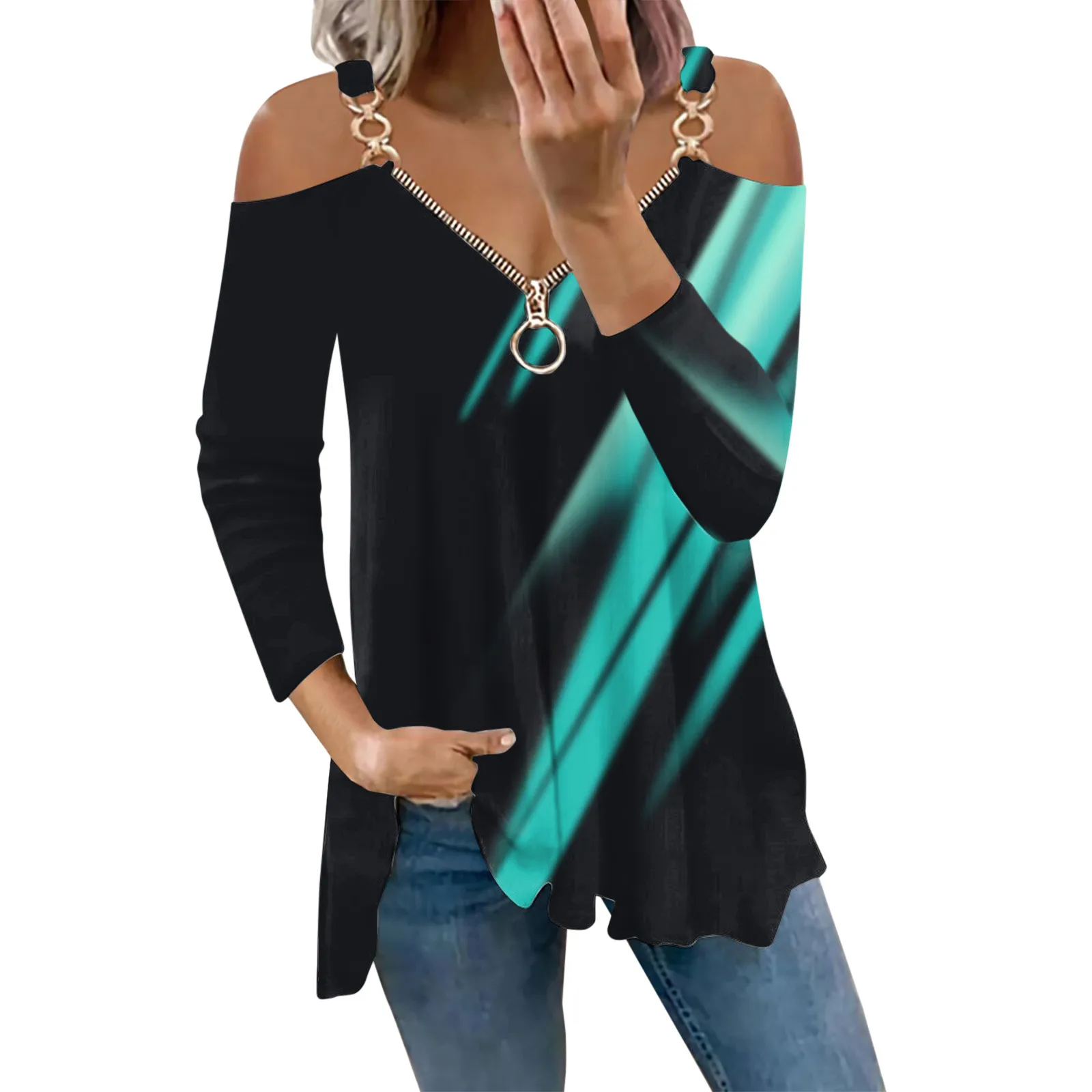 

Womens Fashion Print V Neck Strap Zipper Long Sleeve T Shirt Top