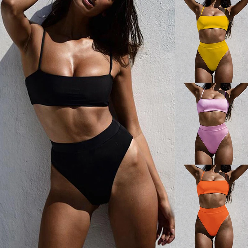 

Sexy Solid Bikinis Push Up bikini 2022 Padded Bra Straps High Waist Swimsuit Women Swimear 2-piece Set Camisole Gray Orange