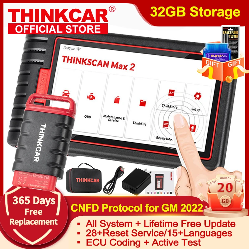 

THINKCAR Thinktool ThinkScan Max 2 Full system Lifetime free AF DPF IMMO 28 Reset ECU Coding OBD2 Scanner Support CANFD For GM