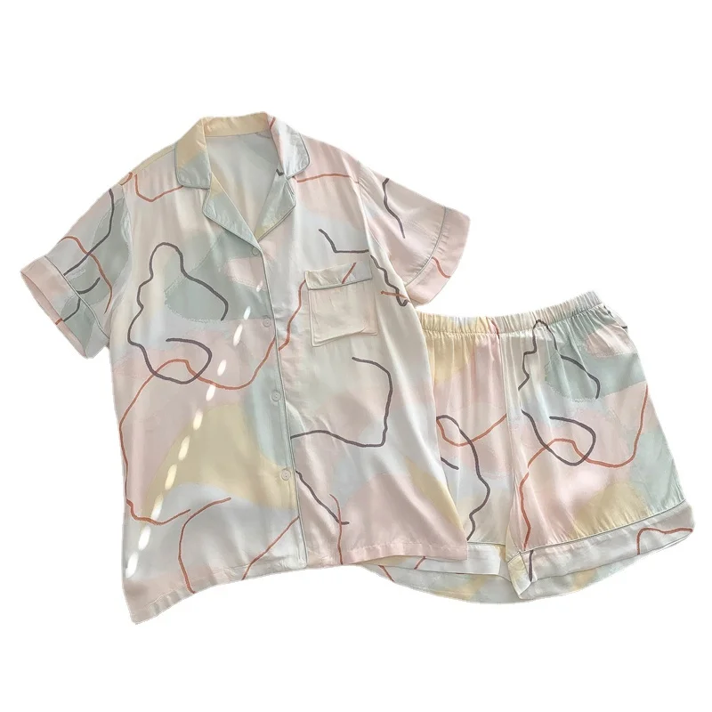 

Женская одежда для сна, летний пижамный комплект для женщин, романтический пижамный комплект из искусственного шелка, ночная рубашка для девушек, свободные короткие брюки с поясом, шелковая пижама