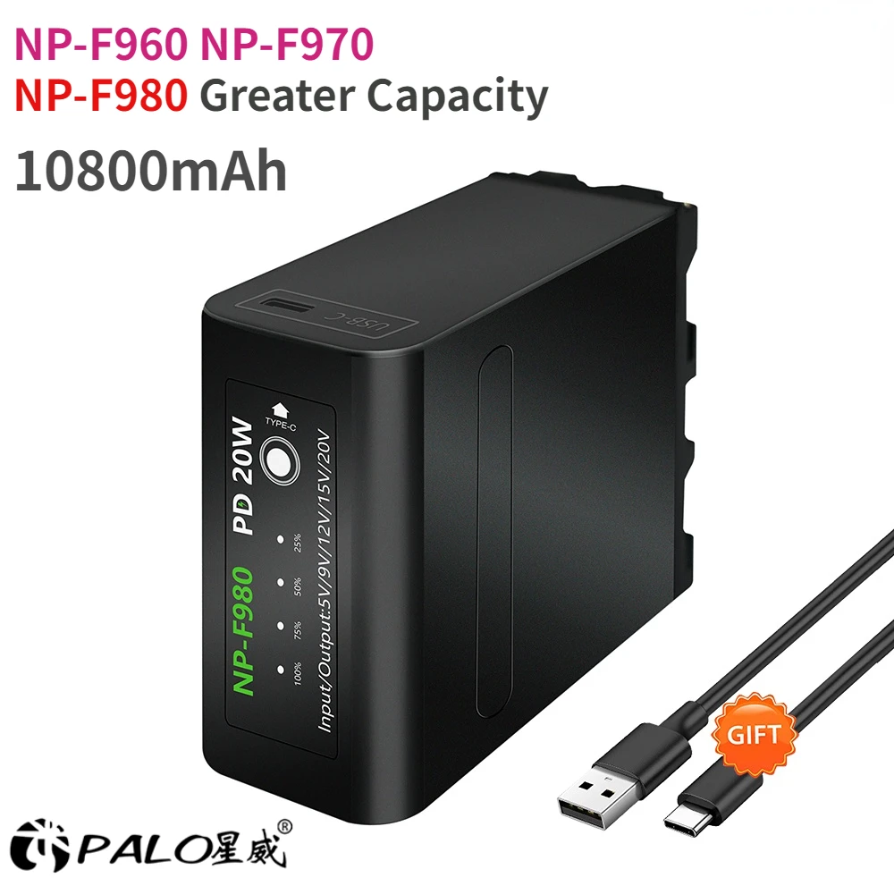

PALO Аккумулятор 10800 мАч NP-F980 NP-F960 NP-F970 для Sony HVR-HD1000 HVR-HD1000E USB NPF960 NPF970 со светодиодным индикатором питания