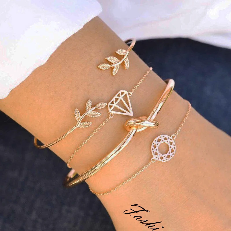 

4pcs/Set Bohemia Leaf Knot Braclets Hand Cuff Link Chain Charm Bracelet Bangle for Women Gold Bracelets Jewelry Accesories Gift