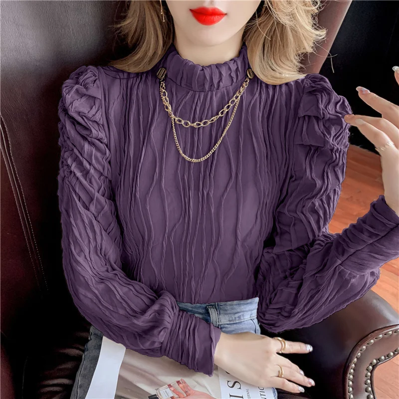 

Chiffon Fashion Women's Shirt O-neck Casual Solid Loose Blouse Spring Summer Long Sleeve Top Lady Clothing