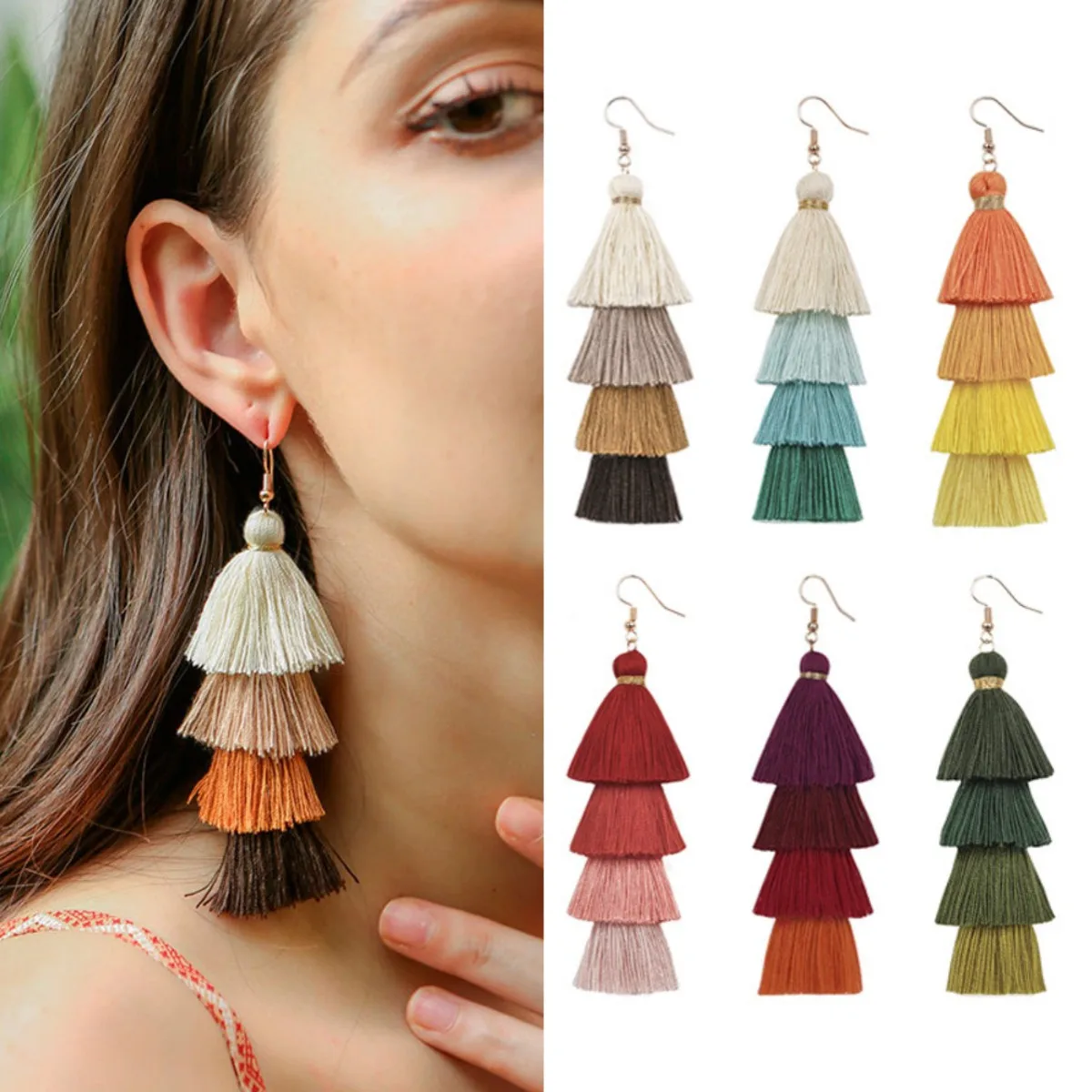 

2023 Bohemian Ethnic Style Colored Manual Cotton Tassel Earrings For Women Girl Vintage Long Drop Earrings Retro Jewelry