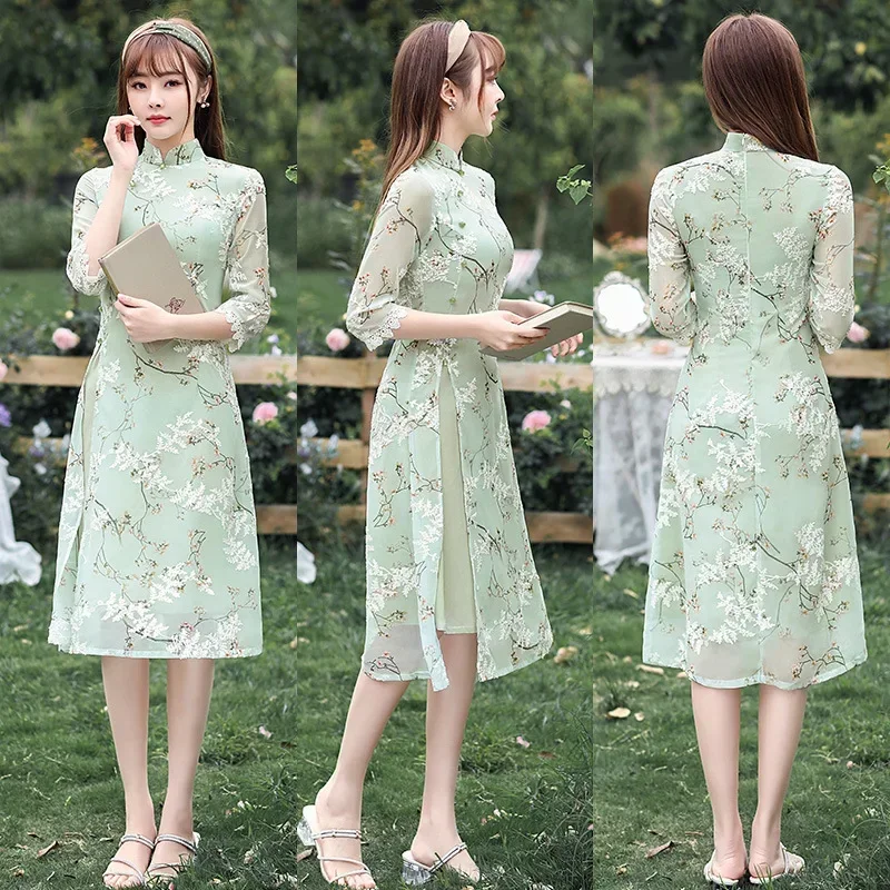 Лето 2023 Повседневное платье средней длины AoDai Ципао современное традиционное
