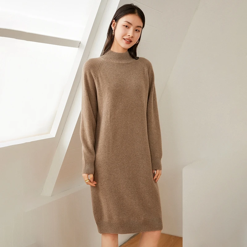 

Fashionable and Minimalist Women's Half High Collar Mid Length Pure Color New Dress Knitted Long Skirt 100% Pure Cashmere