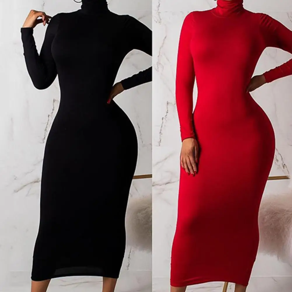 

Платье-Боди женское однотонное с длинным рукавом и высоким воротником