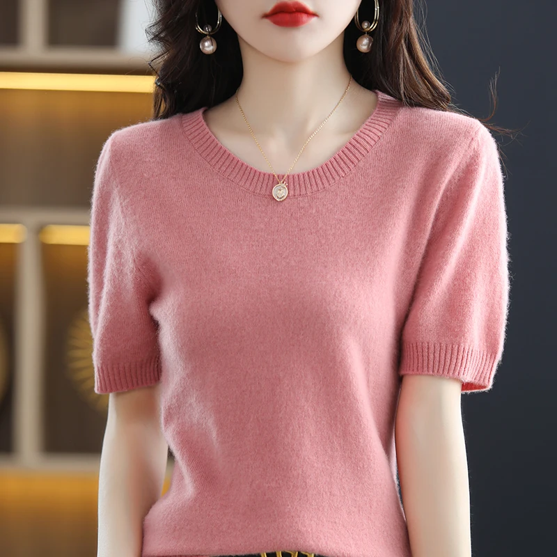 

Spring/Summer Round Neck Cashmere Knit Short Sleeve Wool Top T-Shirt Ladies Sweater Loose Solid Color Hot Sale Women's Pullover