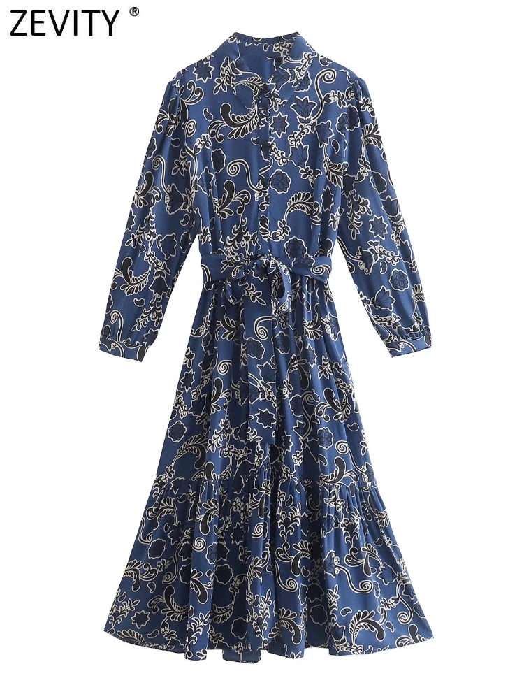 

Zevity Women Vintage Totem Floral Print Bow Sashes Midi Shirt Dress Office Lady Chic Long Sleeve Pleats Vestidos Mujer DS667