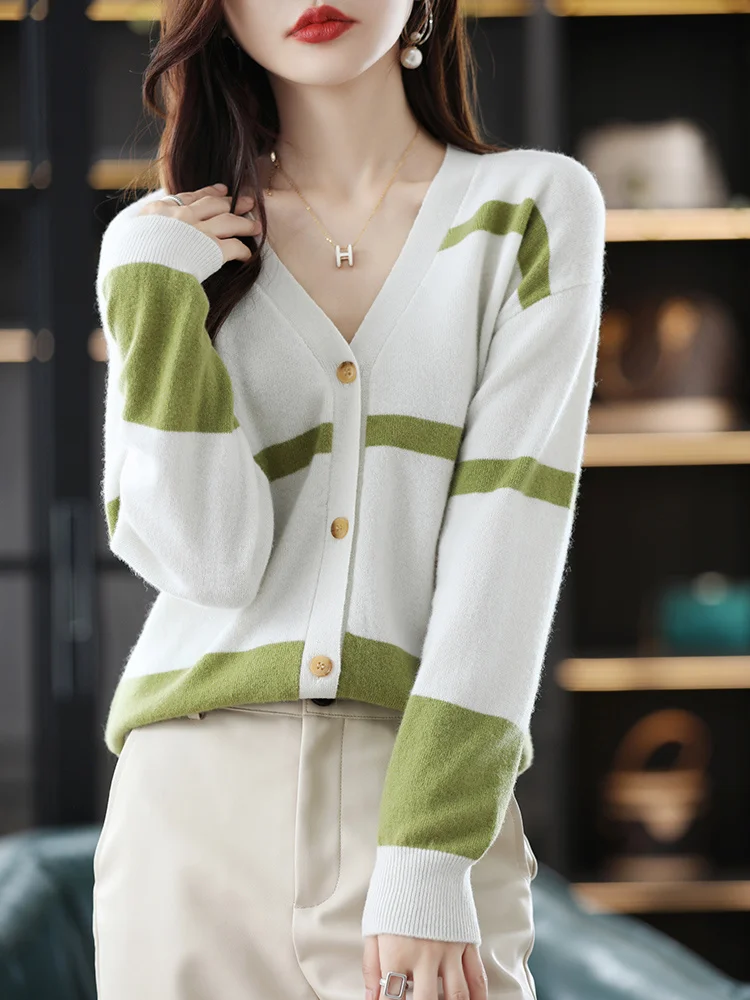 

Женский Повседневный свитер в полоску, Свободный теплый трикотажный кардиган из 100%-ной шерсти с V-образным вырезом, весна-осень