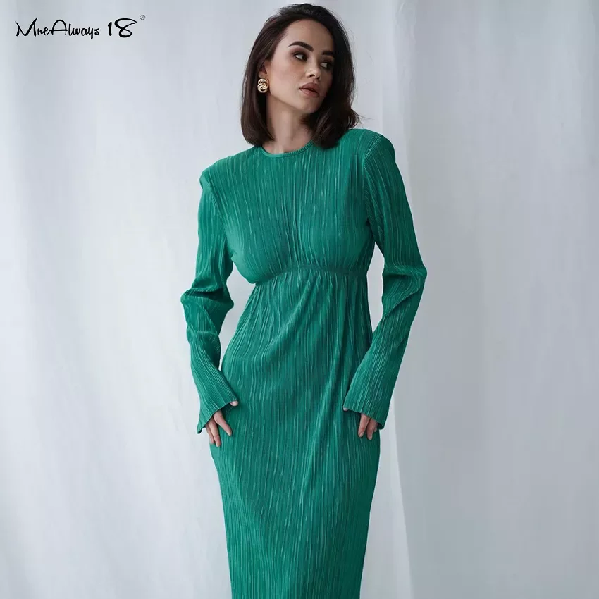 

Mnealways18 Green Women Long Dress Elegant Pleated Hollow Out Evening Ladies Dress Ankle-Length O-Neck Backless Spring Dresses