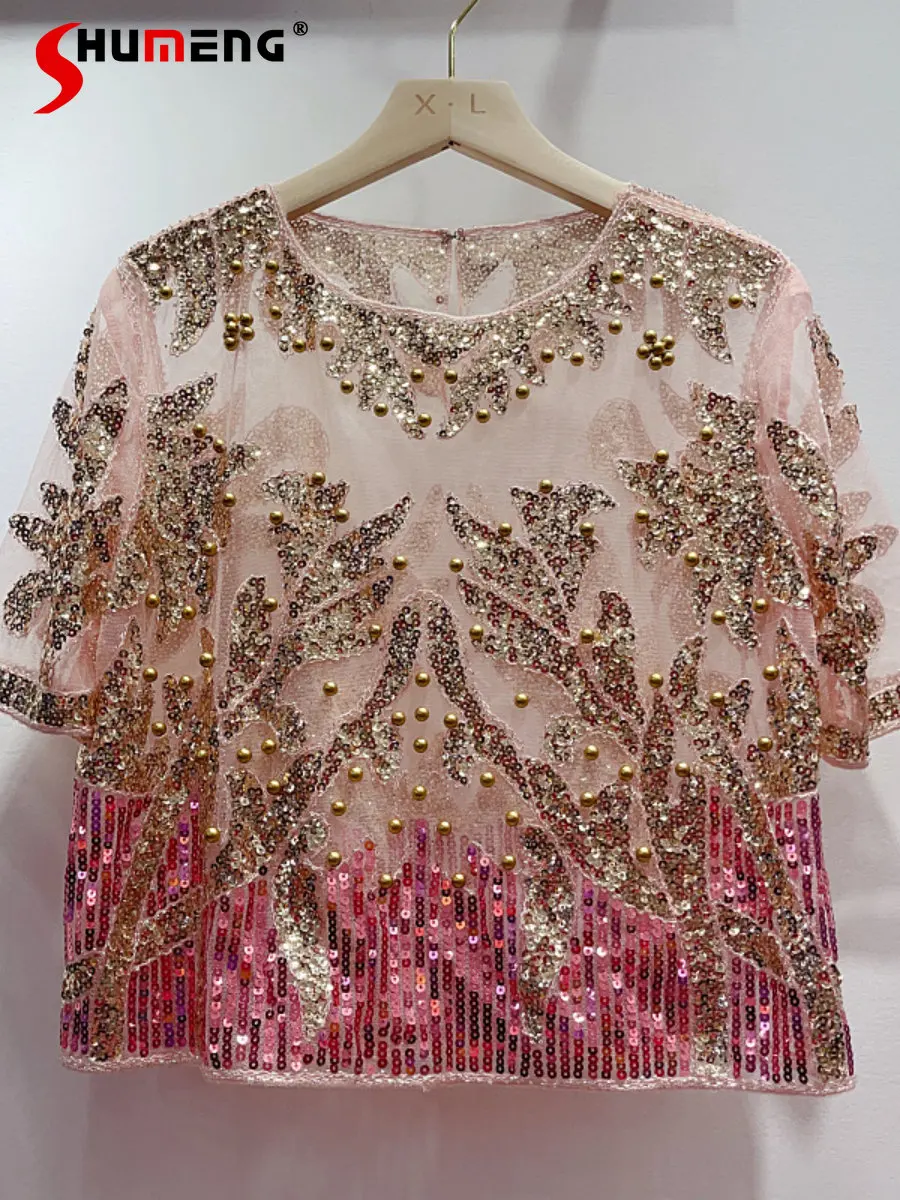 

Модный Цветной контрастный Блестящий пуловер с бусинами и круглым вырезом, футболки с коротким рукавом, Женский сетчатый прозрачный укороченный топ