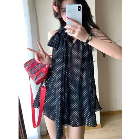 Neploe Корейская офисная женская шифоновая рубашка на шнуровке средней длины, элегантные свободные блузки с бантом в горошек, повседневные милые блузки принцессы