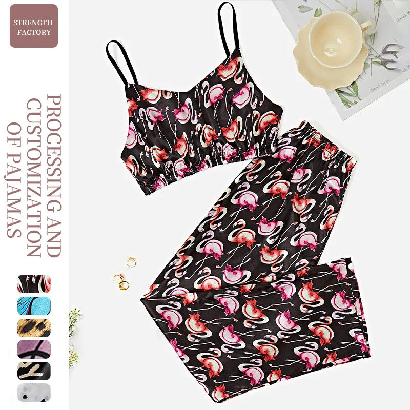 New Pajamas Set Simple Fashion Suspender Nightdress Sexy Trousers Lingerie Summer Silk Dew Navel Homewear Suit Casual Breathable