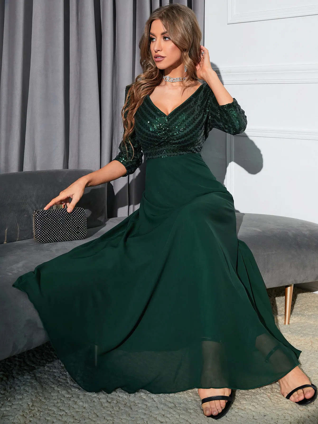 Women Elegant Chiffon Party Dress Deep V-neck Backless Prom Evening Dress Fashion Sexy Slim Sequined Patchwork Formal Dresses