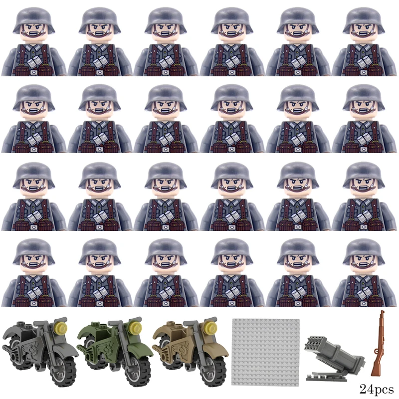 

Military Building Blocks WW2 German French Soviet US Army Soldiers Bricks Mini Action Figures Motorcycle Model Set Kids War Toys
