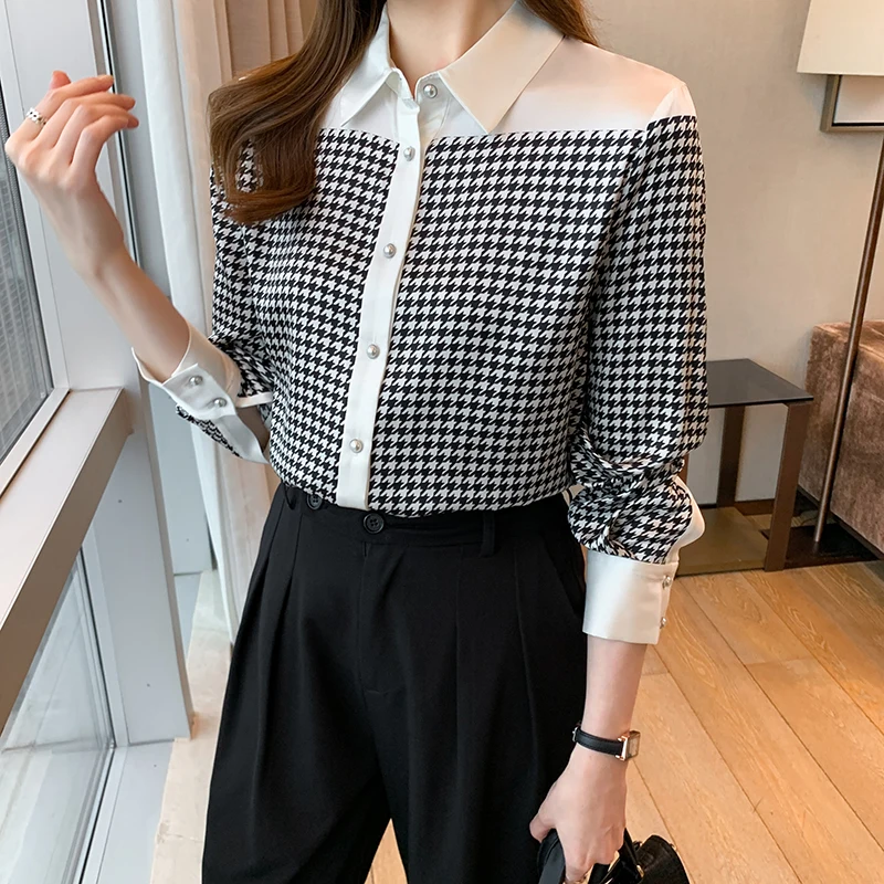 

Women Clothes 2022 Autumn New Ladies Tops Chiffon Office Lady Long Sleeve Elegant Thousand Bird Plaid Blouse Shirt Camisas 305F