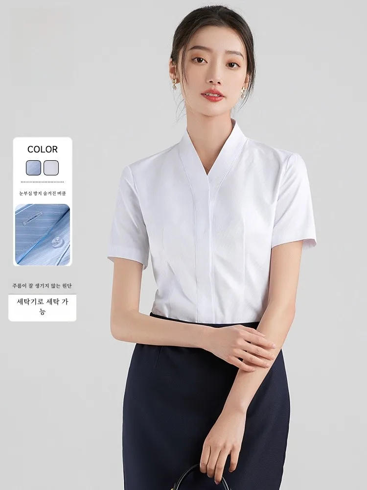 V-neck White Shirts Women Summer Stewardess Business Suit Flight Attendant Uniform Interview Guest look Work Clothes Short sl...