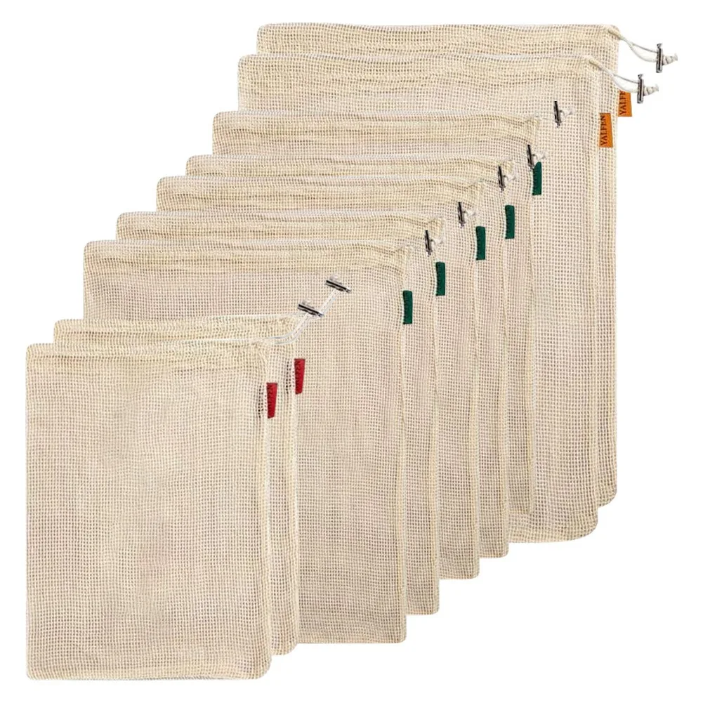 

9 PCS Set Of Reusable Mesh Produce Bags For Grocery, Vegetable & Fresh Produce Storage Cotton Bags