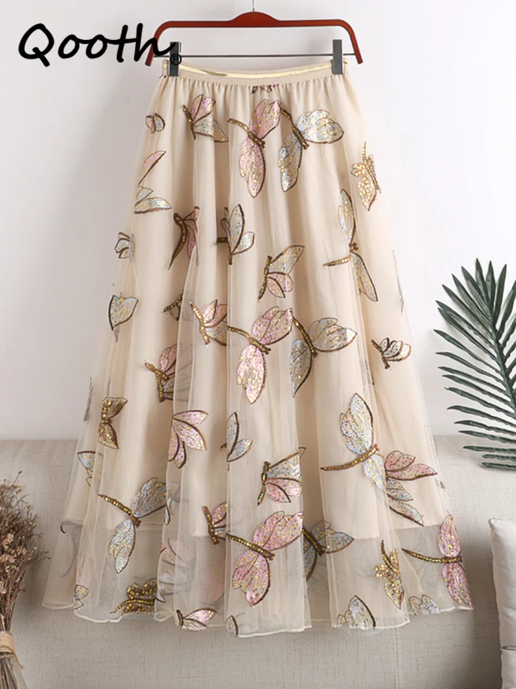 

Qooth Women Embroidery Dragonfly Tulle Gauze Skirt Elegant Sweet Elastic Waist Midi Floral Mesh Skirt For All Season QT2202
