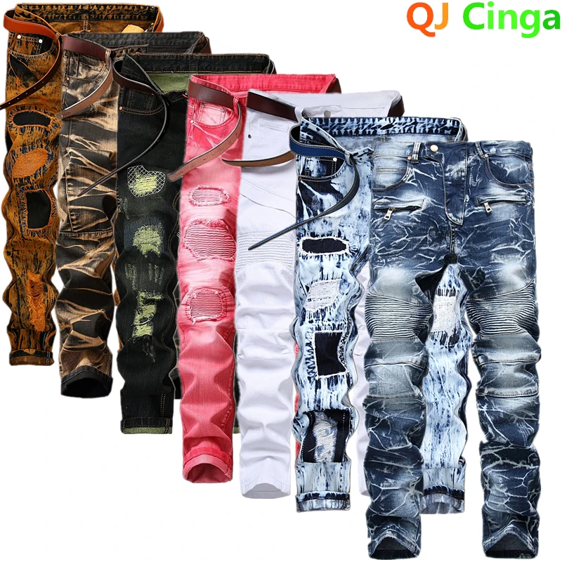 's Motorcycle Jeans Pleated Holes Decorative Denim Pants Men Blue White Red Green Yellow Casual Trousers