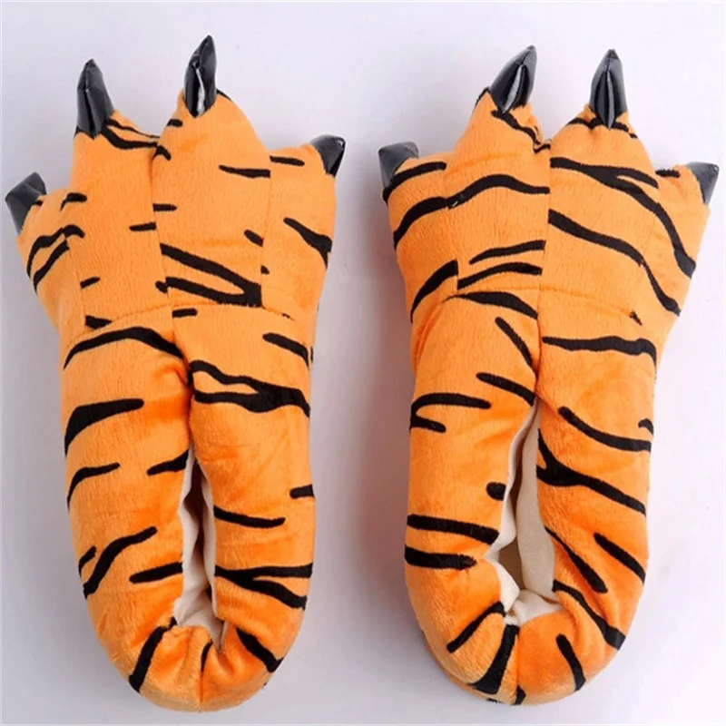 Cartoon Animal Paw Slippers Winter Funny Monster Tiger Cow Claw Soft Plush Warm Indoor Floor Cotton Shoes For Men Women Kids