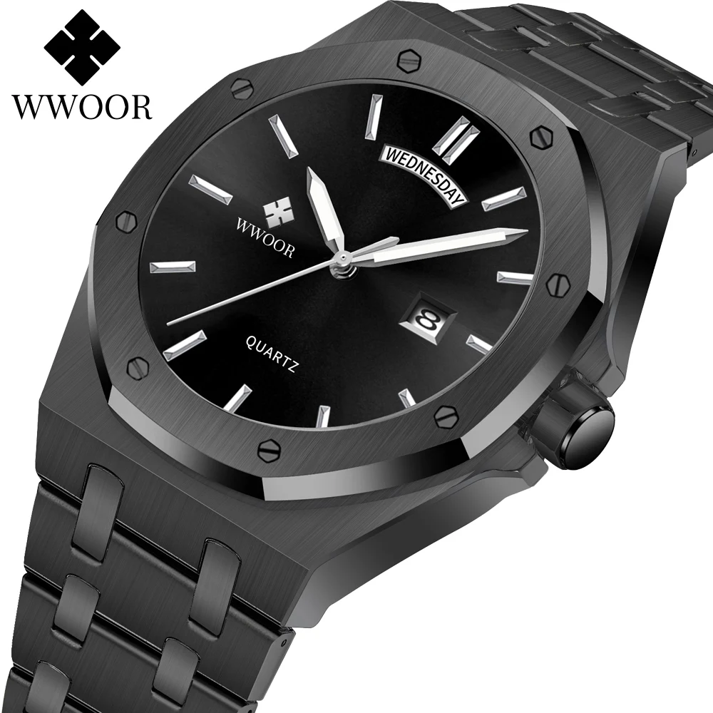 

Роскошные мужские наручные часы WWOOR, деловые кварцевые часы из нержавеющей стали для мужчин, водонепроницаемые светящиеся квадратные мужские часы с датой