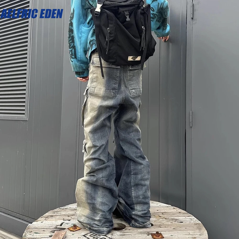 Джинсы мужские с лентами и карманами в стиле Харадзюку