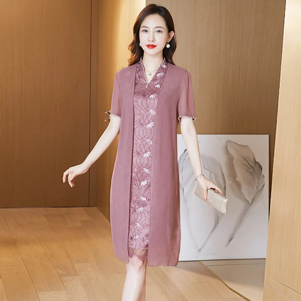 

Elegant Mother Of The Bride Dress Zipper Pearl Dusty Pink V Neck Fake Two Pieces Embroidered Evening Party Women Wedding Gowns