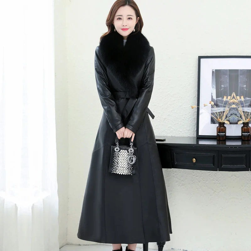 

Luxury brand Real Women Long Genuine Down Female's Top Fashion Sheepskin Leather Coat Fox Fur Collar Jacket Zm
