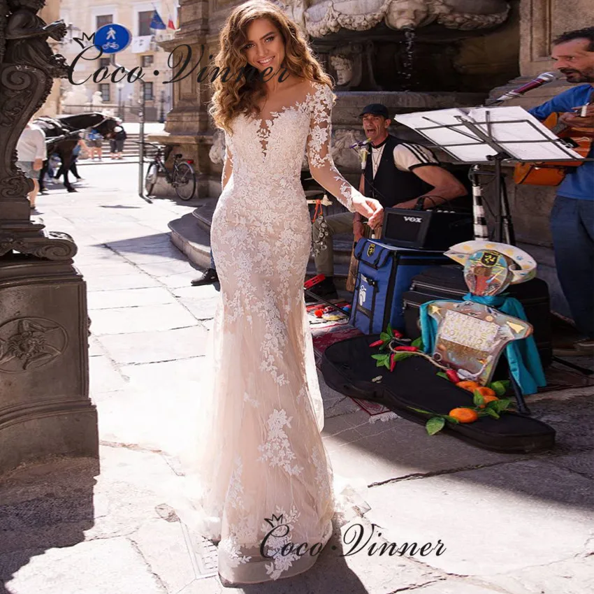 

South America Fashion Long Sleeves Mermaid Wedding Dresses For Women Illusion Back Lace Appliques Bohemian Bride Dress W1021