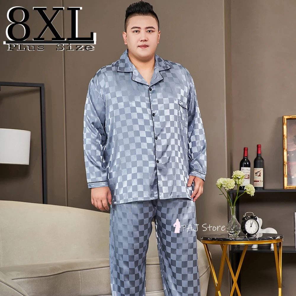 

Men Pajamas Set Silk Satin Long Slve Autumn Slpwear Homewear Men Home Suit Super Large Size 5XL-8XL Top Pyjamas Slp Pijama