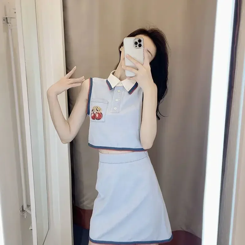 2024 женский летний новый модный короткий топ без рукавов с высокой талией юбка на